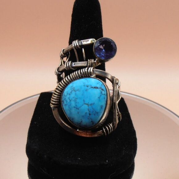925 Sterling Silver Faux Turquoise w/ Glass Stone Accent Wire Wrap Ring Sz 8.5 - Picture 1 of 5